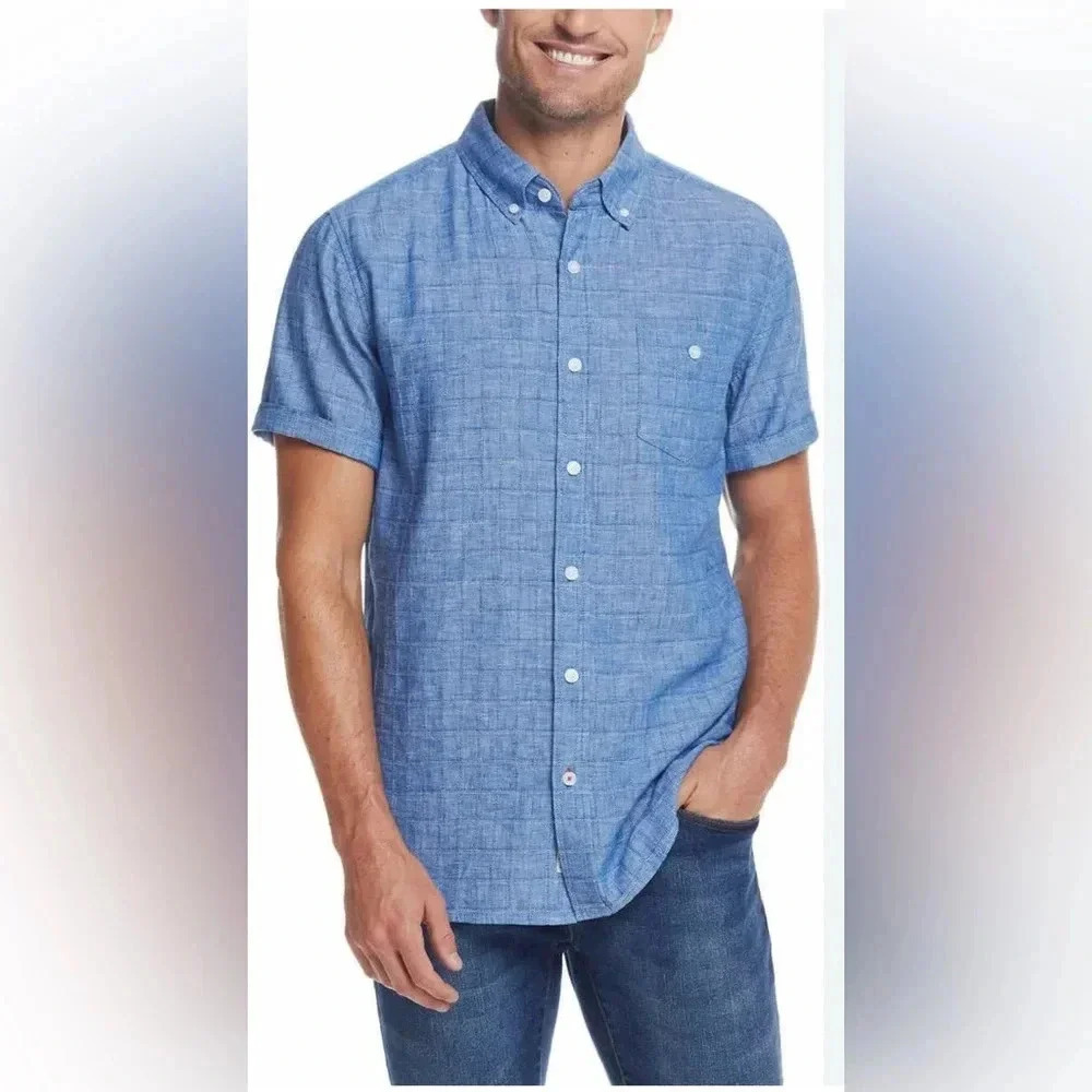 Weatherproof Vintage Blue Linen Blend Men’s XL Short Sleeve Button Front Shirt.